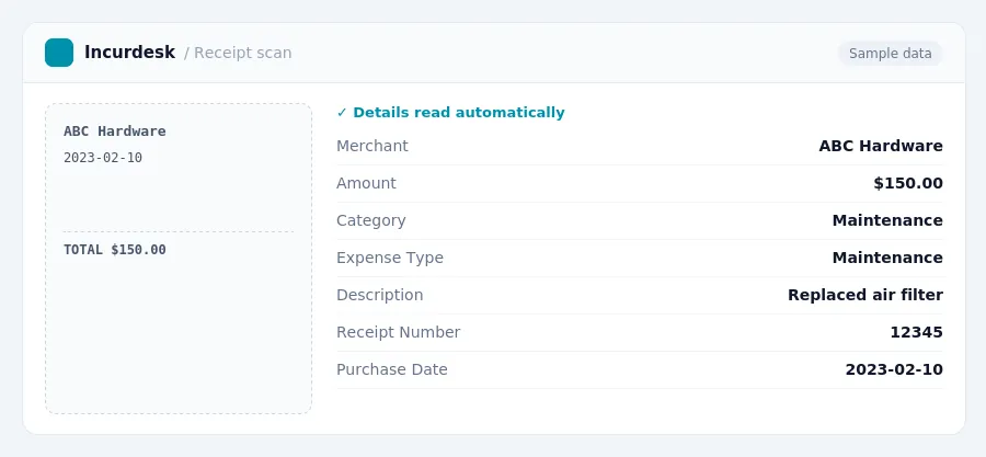 Incurdesk receipt scan of a ABC Hardware receipt for $150.00, read automatically and filed under Maintenance