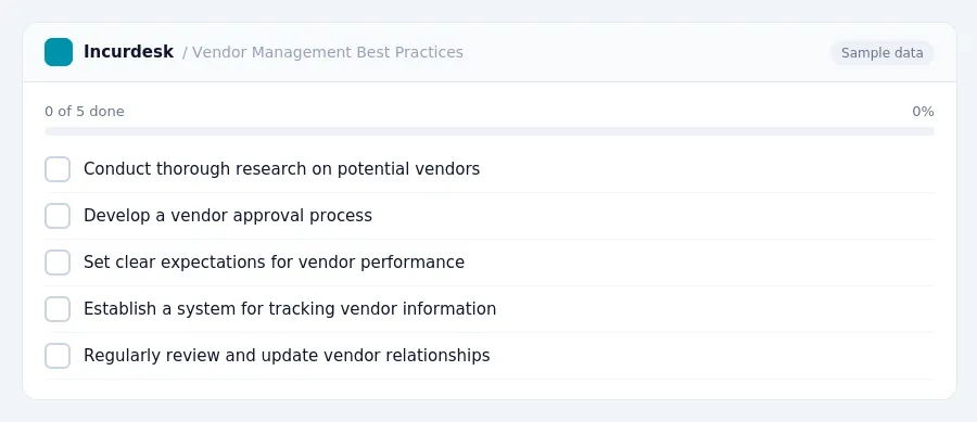 Incurdesk checklist "Vendor Management Best Practices": 0 of 5 steps done, including Conduct thorough research on potential vendors, Develop a vendor approval process, Set...