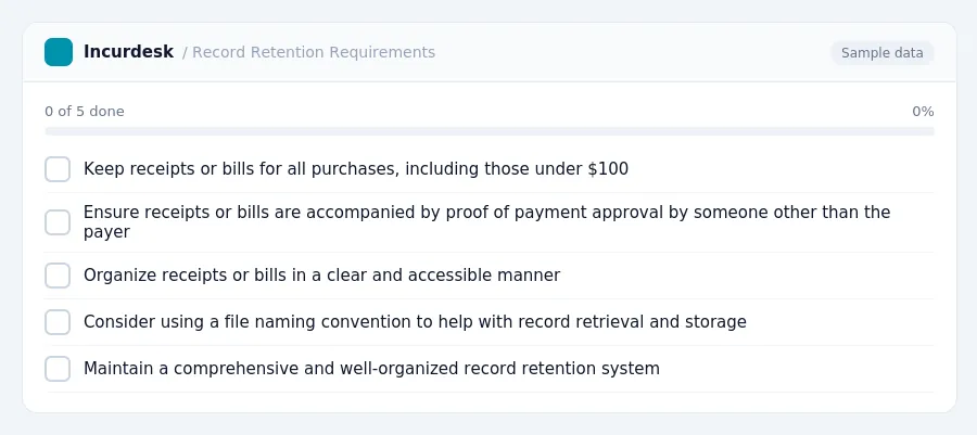 Incurdesk checklist "Record Retention Requirements": 0 of 5 steps done, including Keep receipts or bills for all purchases, including those under $100, Ensure receipts or bills...
