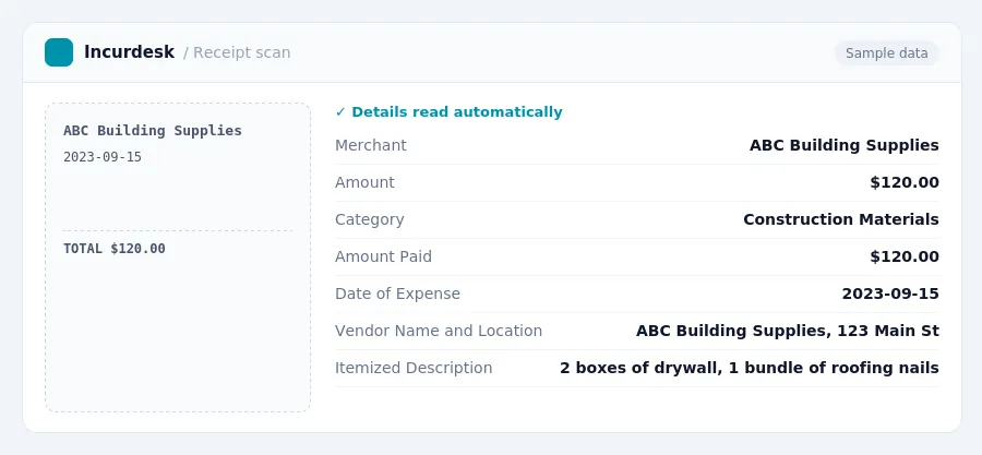 Incurdesk receipt scan of a ABC Building Supplies receipt for $120.00, read automatically and filed under Construction Materials