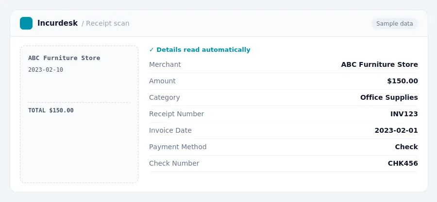 Incurdesk receipt scan of a ABC Furniture Store receipt for $150.00, read automatically and filed under Office Supplies
