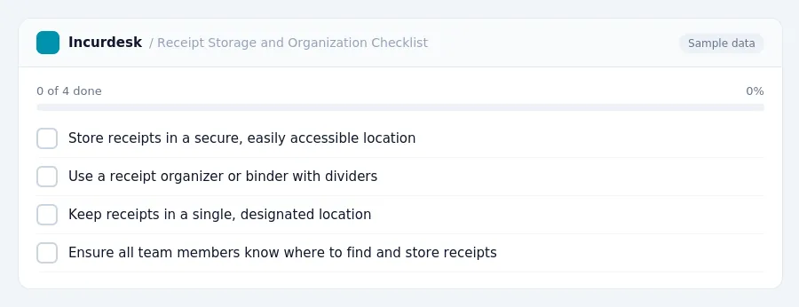 Incurdesk checklist "Receipt Storage and Organization Checklist": 0 of 4 steps done, including Store receipts in a secure, easily accessible location, Use a receipt organizer...