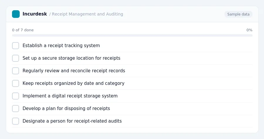 Incurdesk checklist "Receipt Management and Auditing": 0 of 8 steps done, including Establish a receipt tracking system, Set up a secure storage location for receipts,...
