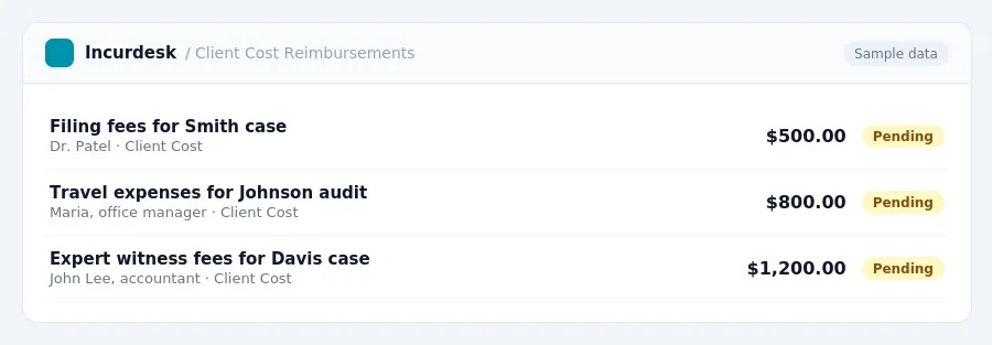 Incurdesk approval queue "Client Cost Reimbursements" showing 3 expenses awaiting review, including Filing fees for Smith case (Pending), Travel expenses for Johnson audit...