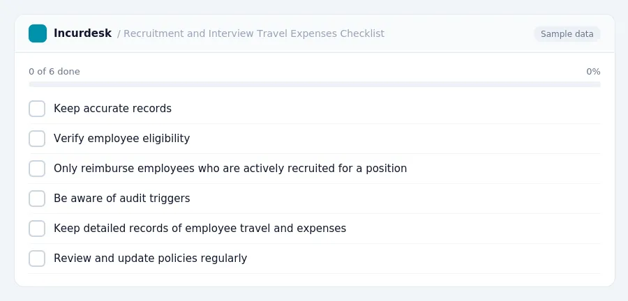 Incurdesk checklist "Recruitment and Interview Travel Expenses Checklist": 0 of 6 steps done, including Keep accurate records, Verify employee eligibility, Only reimburse...