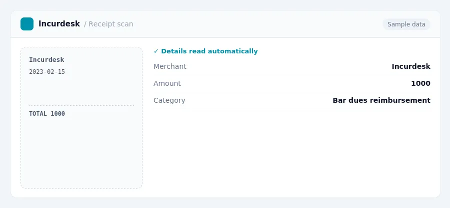 Incurdesk receipt scan of a Incurdesk receipt for 1000, read automatically and filed under Bar dues reimbursement