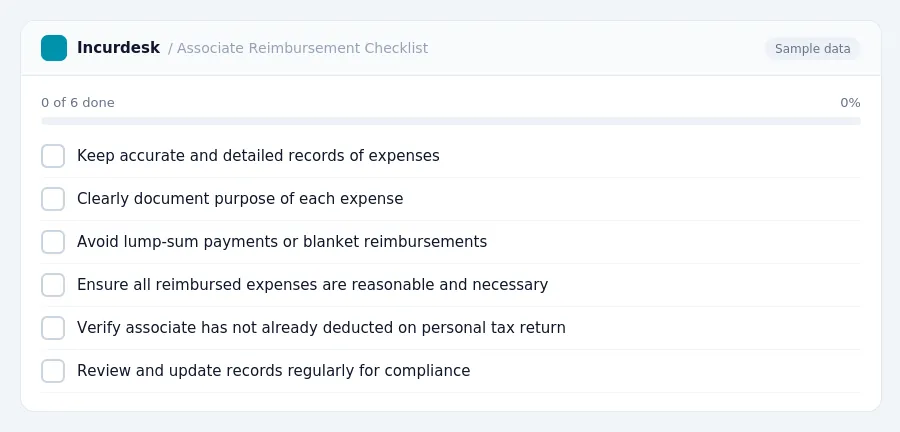 Incurdesk checklist "Associate Reimbursement Checklist": 0 of 6 steps done, including Keep accurate and detailed records of expenses, Clearly document purpose of each expense,...