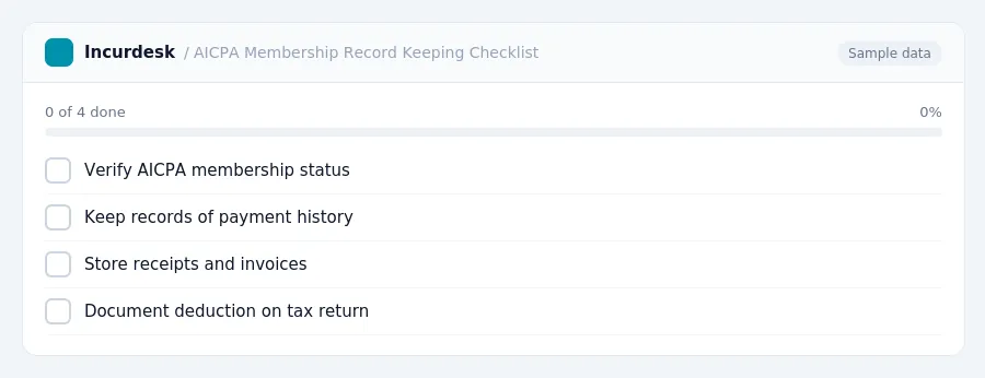 Incurdesk checklist "AICPA Membership Record Keeping Checklist": 0 of 4 steps done, including Verify AICPA membership status, Keep records of payment history, Store receipts...