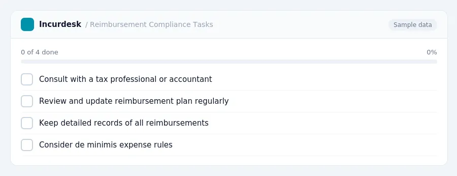 Incurdesk checklist "Reimbursement Compliance Tasks": 0 of 4 steps done, including Consult with a tax professional or accountant, Review and update reimbursement plan...