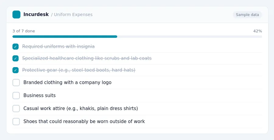 Incurdesk checklist "Uniform Expenses": 3 of 8 steps done, including Required uniforms with insignia, Specialized healthcare clothing like scrubs and lab coats, Protective gear...