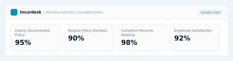 Incurdesk dashboard "Reimbursement Considerations" showing Clearly Documented Policy: 95%, Regular Policy Reviews: 90%, Compliant Records Keeping: 98%