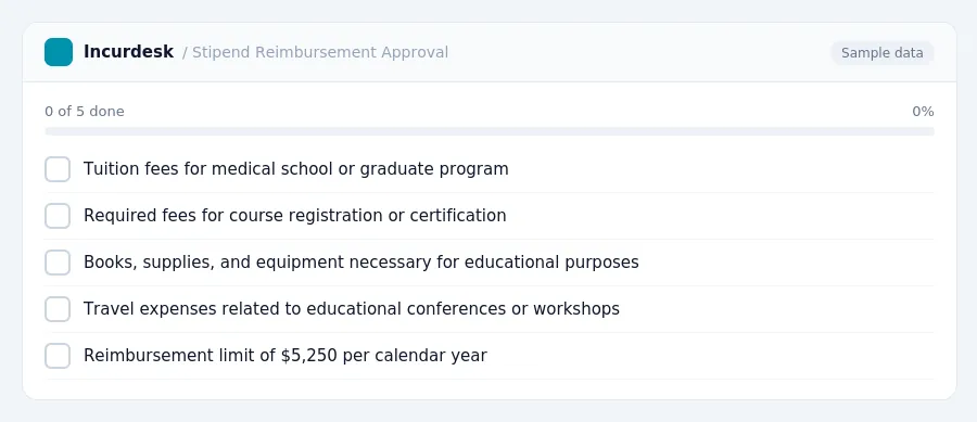 Incurdesk checklist "Stipend Reimbursement Approval": 0 of 5 steps done, including Tuition fees for medical school or graduate program, Required fees for course registration or...