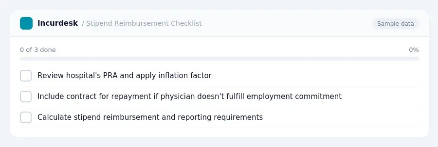 Incurdesk checklist "Stipend Reimbursement Checklist": 0 of 3 steps done, including Review hospital's PRA and apply inflation factor, Include contract for repayment if...