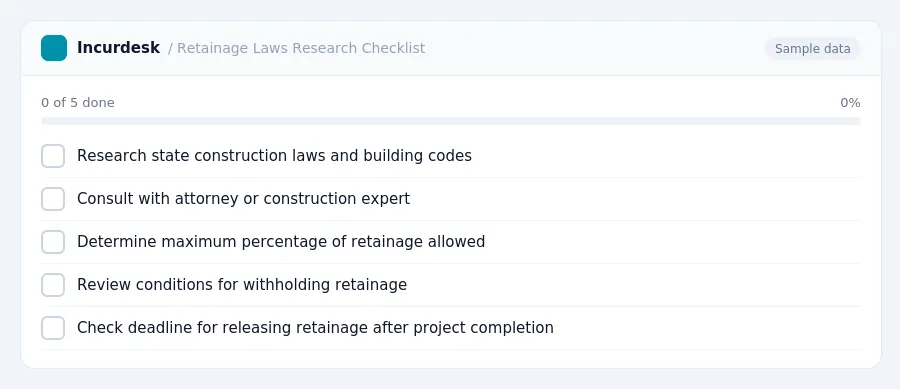 Incurdesk checklist "Retainage Laws Research Checklist": 0 of 5 steps done, including Research state construction laws and building codes, Consult with attorney or construction...