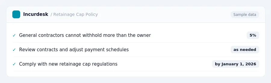 Incurdesk expense policy "Retainage Cap Policy" with rules such as General contractors cannot withhold more than the owner (5%); Review contracts and adjust payment schedules...