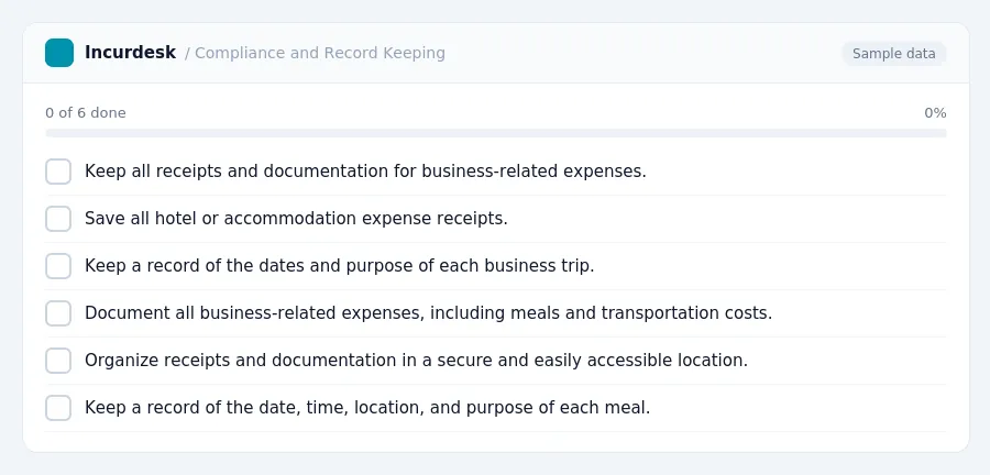 Incurdesk checklist "Compliance and Record Keeping": 0 of 6 steps done, including Keep all receipts and documentation for business-related expenses., Save all hotel or...