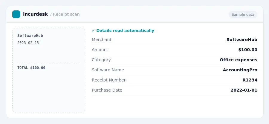 Incurdesk receipt scan of a SoftwareHub receipt for $100.00, read automatically and filed under Office expenses