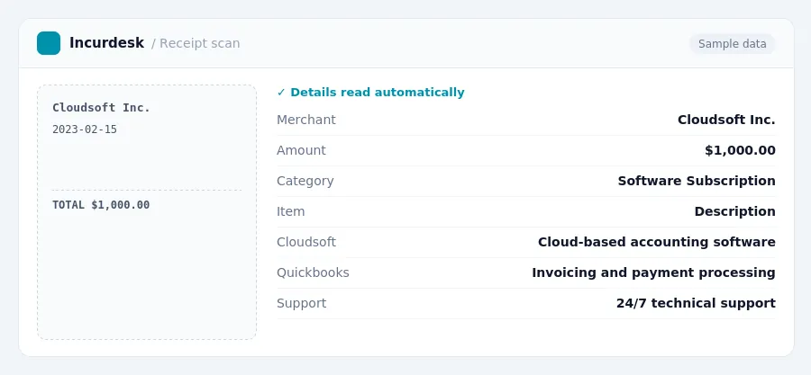 Incurdesk receipt scan of a Cloudsoft Inc. receipt for $1,000.00, read automatically and filed under Software Subscription