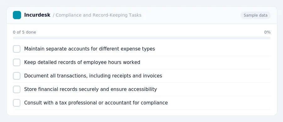 Incurdesk checklist "Compliance and Record-Keeping Tasks": 0 of 5 steps done, including Maintain separate accounts for different expense types, Keep detailed records of...