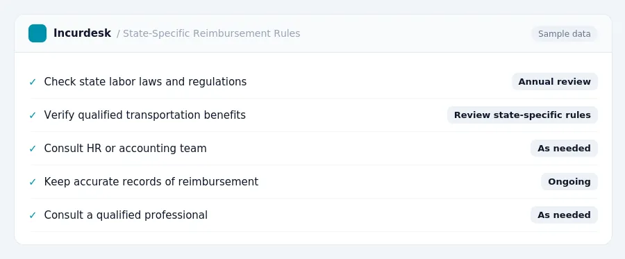 Incurdesk expense policy "State-Specific Reimbursement Rules" with rules such as Check state labor laws and regulations (Annual review); Verify qualified transportation...
