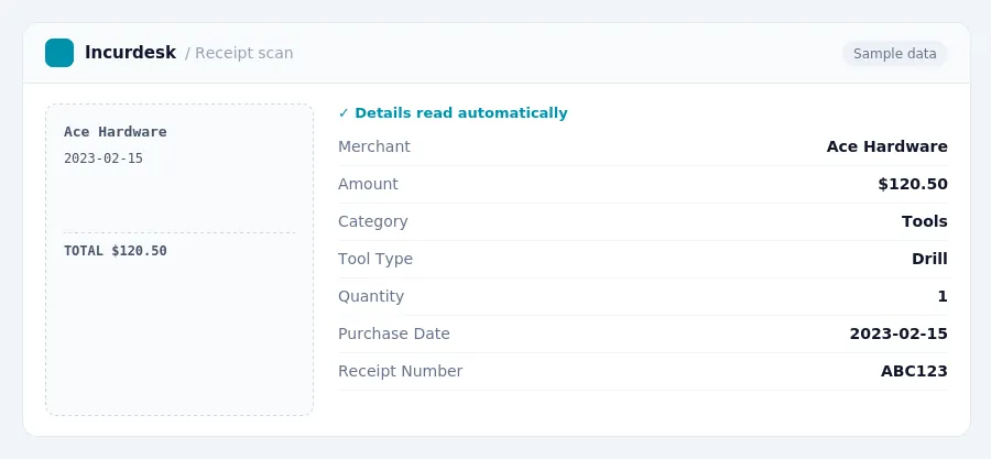 Incurdesk receipt scan of a Ace Hardware receipt for $120.50, read automatically and filed under Tools