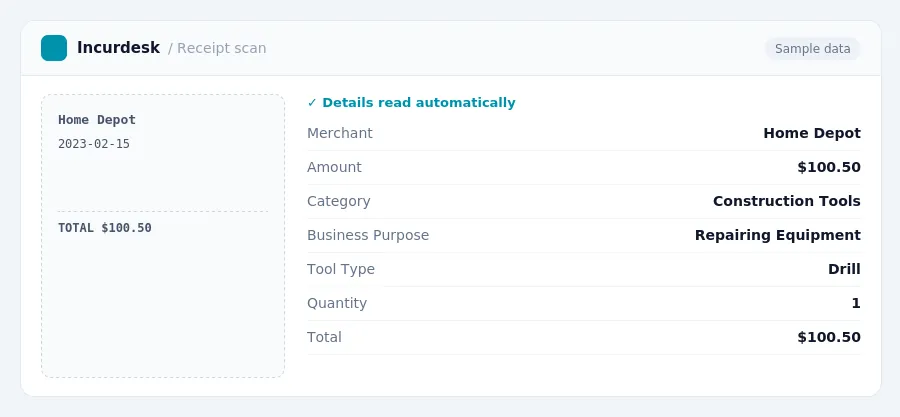 Incurdesk receipt scan of a Home Depot receipt for $100.50, read automatically and filed under Construction Tools