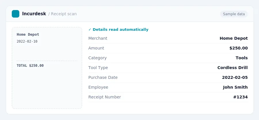 Incurdesk receipt scan of a Home Depot receipt for $250.00, read automatically and filed under Tools