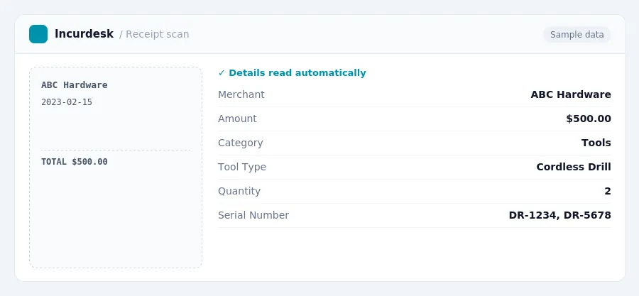Incurdesk receipt scan of a ABC Hardware receipt for $500.00, read automatically and filed under Tools