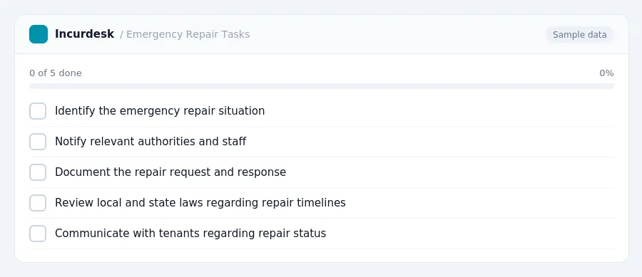 Incurdesk checklist "Emergency Repair Tasks": 0 of 5 steps done, including Identify the emergency repair situation, Notify relevant authorities and staff, Document the repair...
