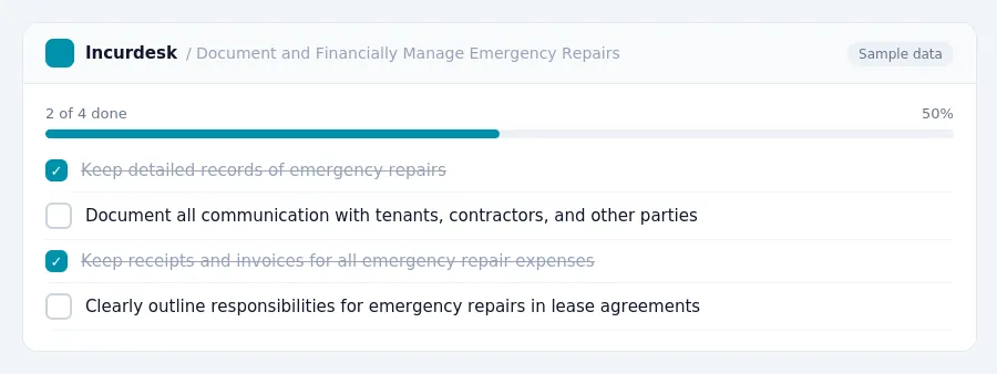 Incurdesk checklist "Document and Financially Manage Emergency Repairs": 2 of 4 steps done, including Keep detailed records of emergency repairs, Document all communication...