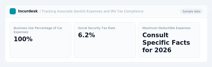 Incurdesk dashboard "Tracking Associate Dentist Expenses and IRS Tax Compliance" showing Business Use Percentage of Car Expenses: 100%, Social Security Tax Rate: 6.2%, Maximum...
