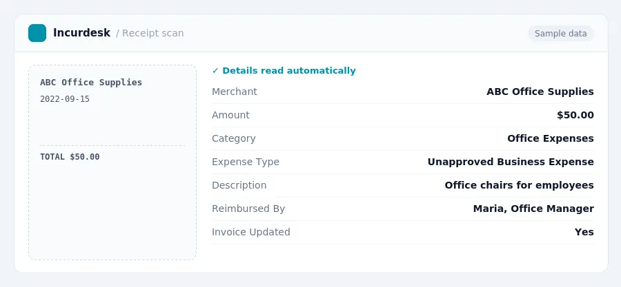 Incurdesk receipt scan of a ABC Office Supplies receipt for $50.00, read automatically and filed under Office Expenses