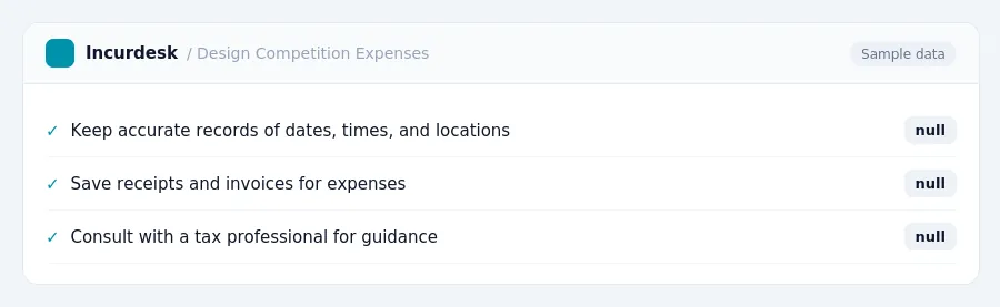 Incurdesk expense policy "Design Competition Expenses" with rules such as Keep accurate records of dates, times, and locations (null); Save receipts and invoices for expenses...