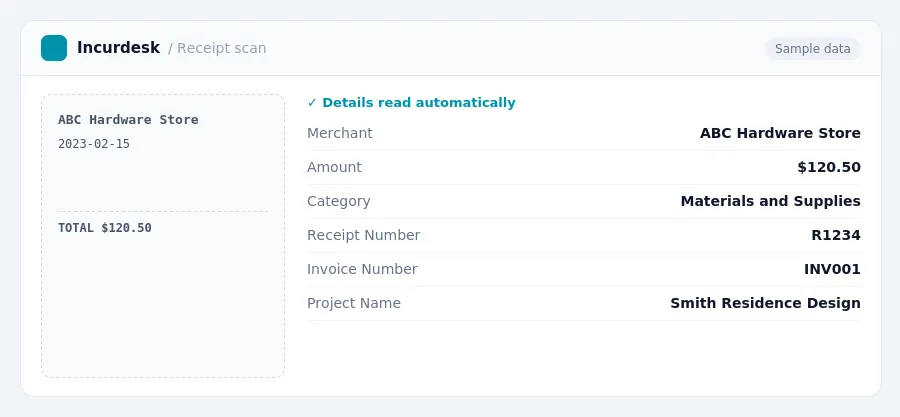 Incurdesk receipt scan of a ABC Hardware Store receipt for $120.50, read automatically and filed under Materials and Supplies
