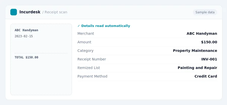 Incurdesk receipt scan of a ABC Handyman receipt for $150.00, read automatically and filed under Property Maintenance