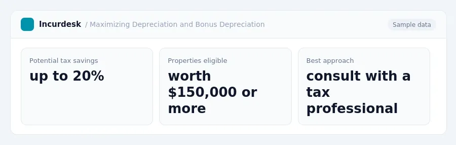Incurdesk dashboard "Maximizing Depreciation and Bonus Depreciation" showing Potential tax savings: up to 20%, Properties eligible: worth $150,000 or more, Best approach:...