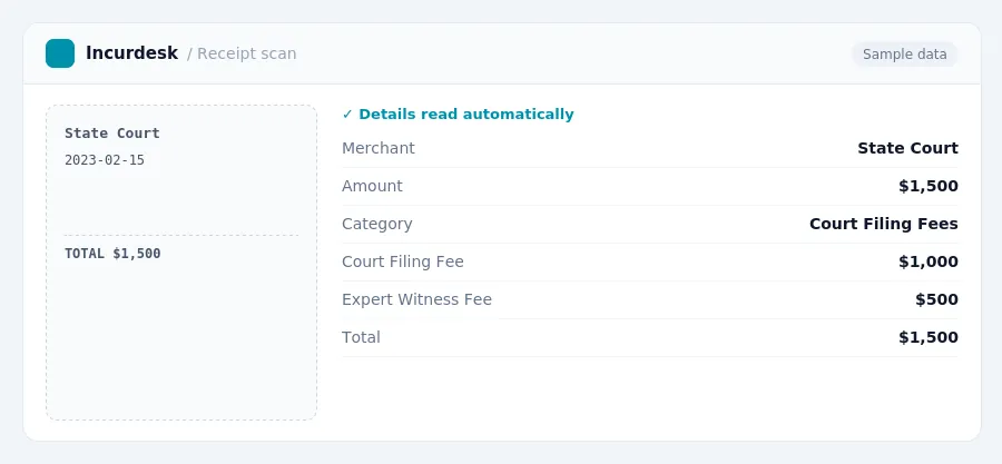 Incurdesk receipt scan of a State Court receipt for $1,500, read automatically and filed under Court Filing Fees