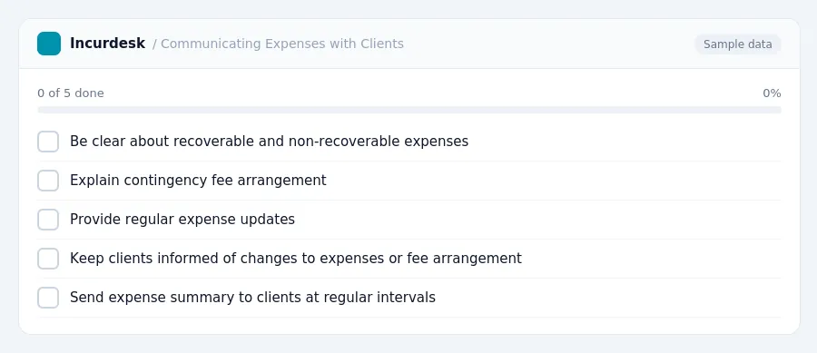 Incurdesk checklist "Communicating Expenses with Clients": 0 of 5 steps done, including Be clear about recoverable and non-recoverable expenses, Explain contingency fee...