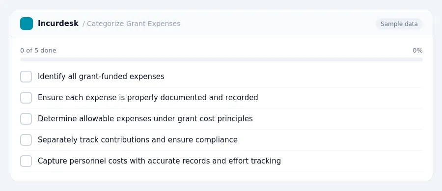 Incurdesk checklist "Categorize Grant Expenses": 0 of 5 steps done, including Identify all grant-funded expenses, Ensure each expense is properly documented and recorded,...