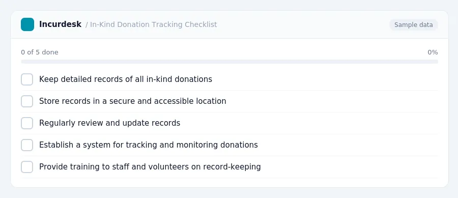Incurdesk checklist "In-Kind Donation Tracking Checklist": 0 of 5 steps done, including Keep detailed records of all in-kind donations, Store records in a secure and accessible...
