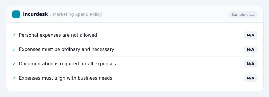 Incurdesk expense policy "Marketing Spend Policy" with rules such as Personal expenses are not allowed (N/A); Expenses must be ordinary and necessary (N/A)