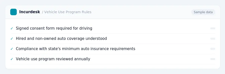 Incurdesk expense policy "Vehicle Use Program Rules" with rules such as Signed consent form required for driving (None); Hired and non-owned auto coverage understood (None)