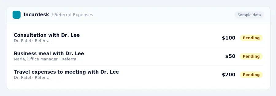 Incurdesk approval queue "Referral Expenses" showing 3 expenses awaiting review, including Consultation with Dr. Lee (Pending), Business meal with Dr. Lee (Pending), Travel...
