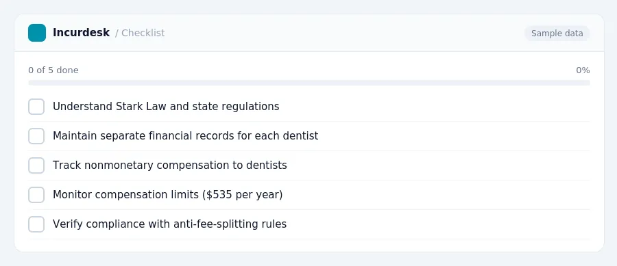Incurdesk checklist: 0 of 5 steps done, including Understand Stark Law and state regulations, Maintain separate financial records for each dentist, Track nonmonetary...