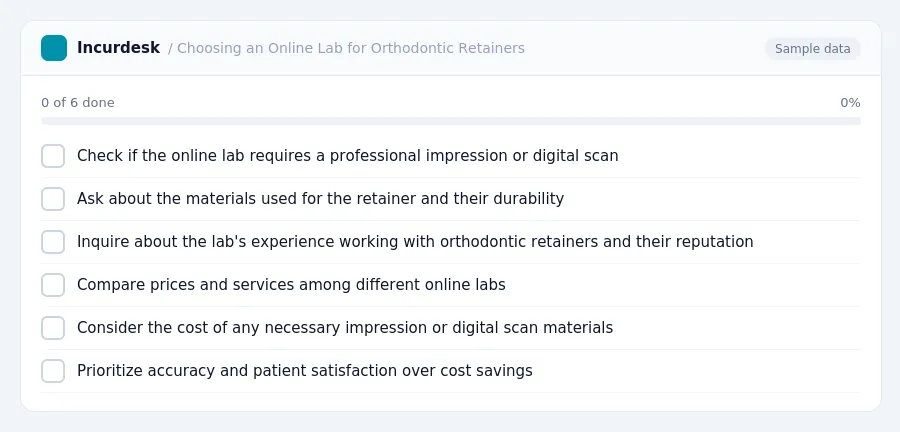 Incurdesk checklist "Choosing an Online Lab for Orthodontic Retainers": 0 of 6 steps done, including Check if the online lab requires a professional impression or digital scan,...