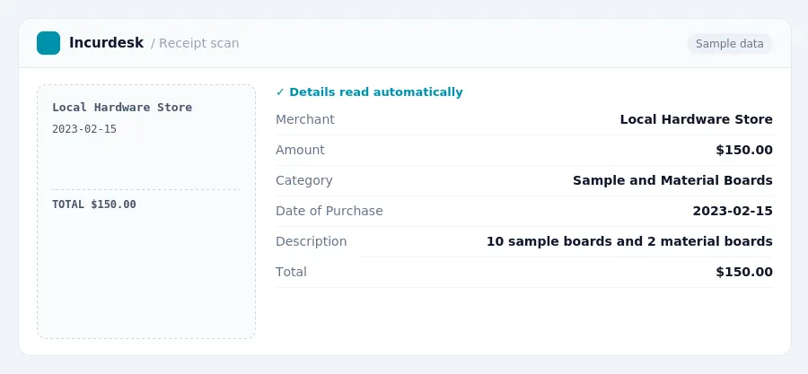 Incurdesk receipt scan of a Local Hardware Store receipt for $150.00, read automatically and filed under Sample and Material Boards