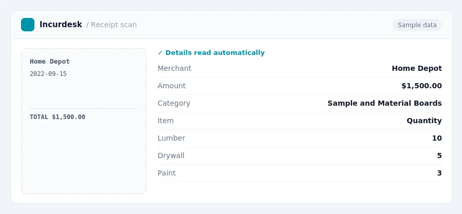 Incurdesk receipt scan of a Home Depot receipt for $1,500.00, read automatically and filed under Sample and Material Boards
