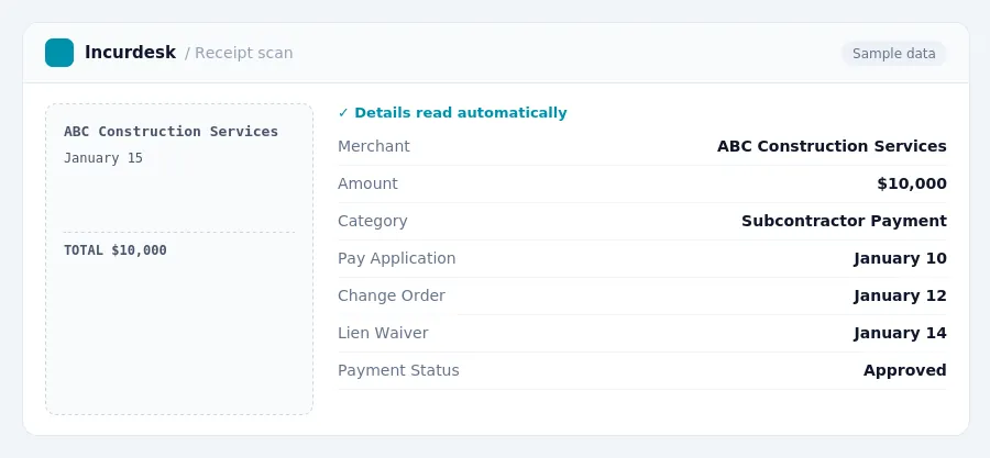 Incurdesk receipt scan of a ABC Construction Services receipt for $10,000, read automatically and filed under Subcontractor Payment