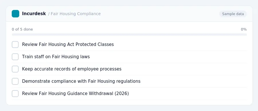 Incurdesk checklist "Fair Housing Compliance": 0 of 5 steps done, including Review Fair Housing Act Protected Classes, Train staff on Fair Housing laws, Keep accurate records...