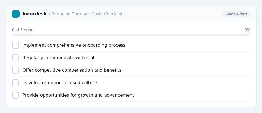 Incurdesk checklist "Reducing Turnover Costs Checklist": 0 of 5 steps done, including Implement comprehensive onboarding process, Regularly communicate with staff, Offer...